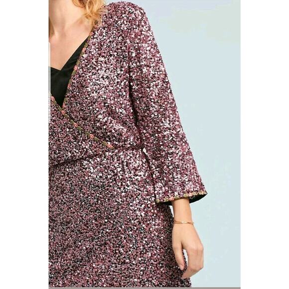New Anthropologie Sequined Wrap Mini Dress by Varun Bahl $348 Size 2 Purple - Picture 3 of 5